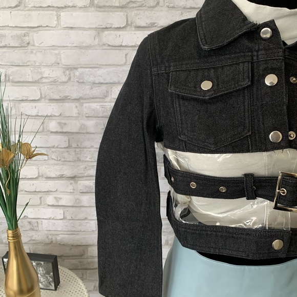 #183 NWT BLK Crop Clear Denim Jacket Buckle Button - Picture 4 of 9